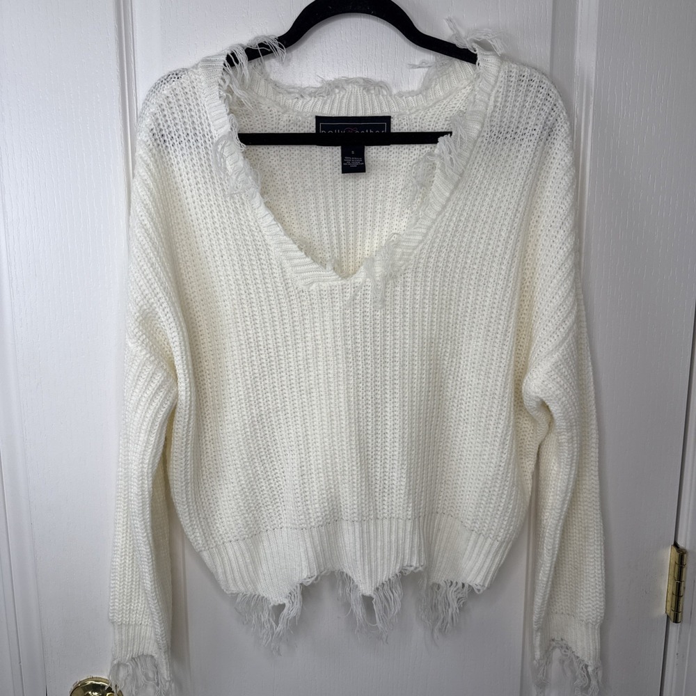 Polly Esther Cream Fringe Hem Cropped Sweater Size S V Neck Boho Chic